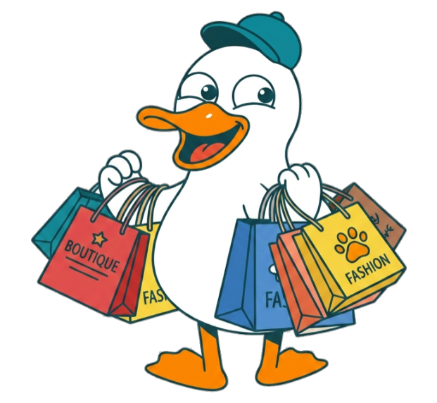 FrenchShopper mascot with wings full of shopping bags