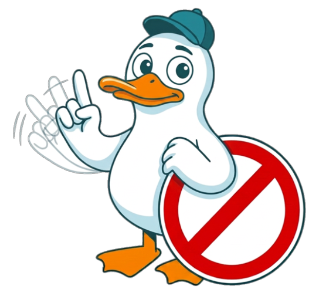 FrenchShopper mascot raising a finger next to a no-entry sign