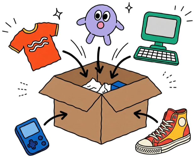 Clothes, shoes and items joining a single box